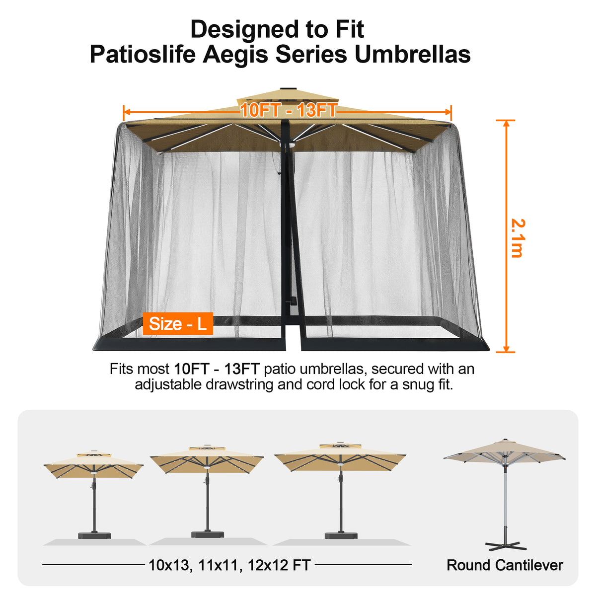 Patioslife Cantilever Umbrella Mosquito Net – Zip-Entry Mesh Screen with Weighted Base, Fits 8–13ft Umbrellas