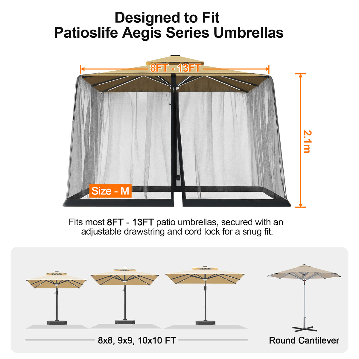 Patioslife Cantilever Umbrella Mosquito Net – Zip-Entry Mesh Screen with Weighted Base, Fits 8–13ft Umbrellas