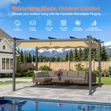 Beige Patioslife Atlantic retractable pergola with charcoal frame over poolside outdoor lounge, showing UV resistance, powder coating and reinforced columns