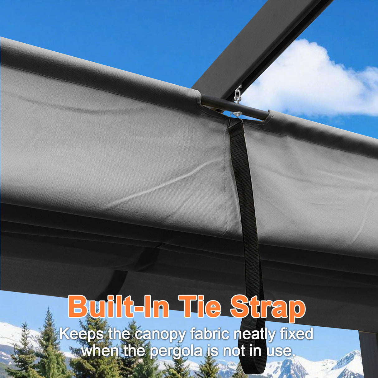 Close-up of charcoal pergola canopy with built-in tie strap to secure the fabric when retracted
