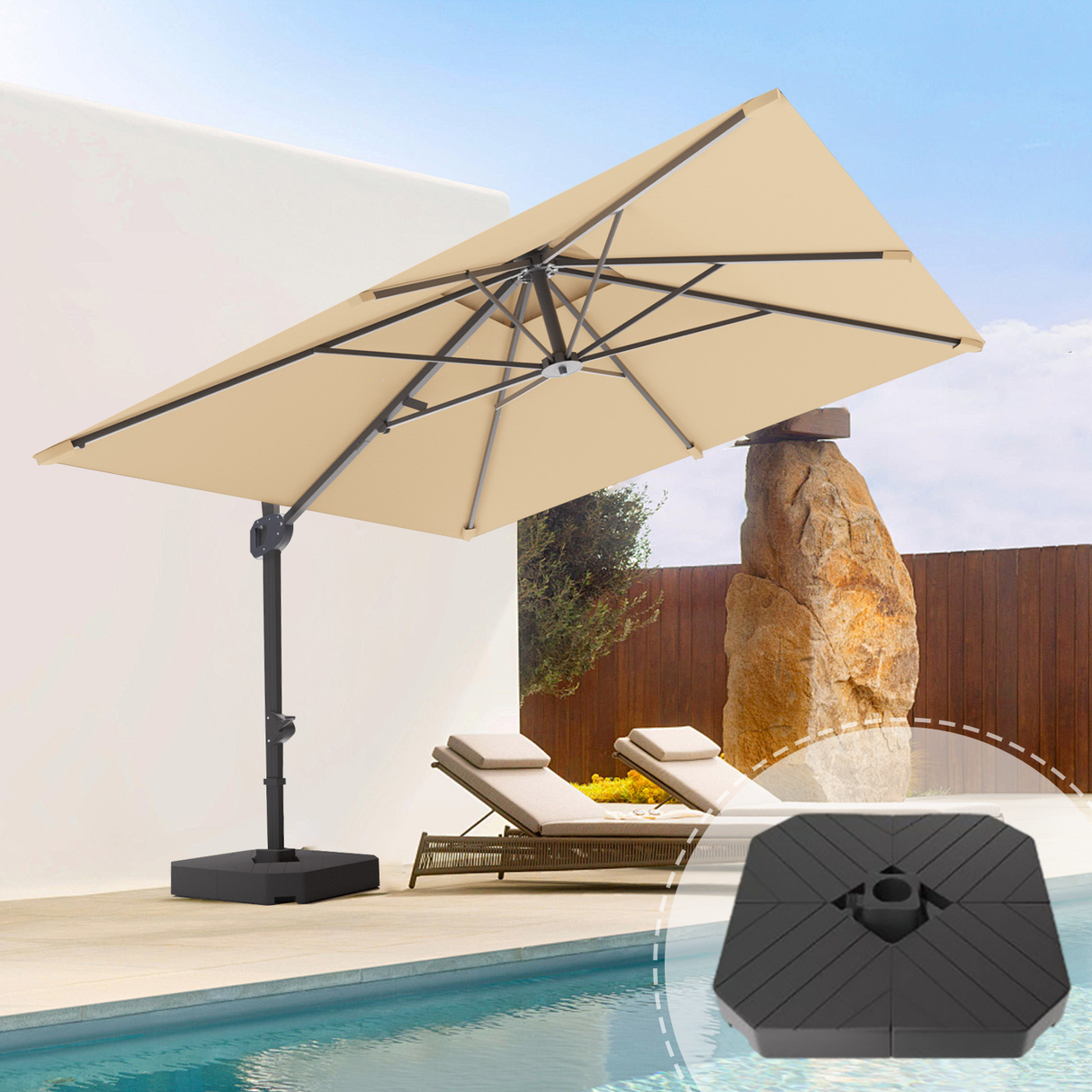 Cantilever Patio Umbrella,patioslife,Poolside,Outdoor Leisure Area,Outdoor Kitchen or Dining Area,Garden Pathway,Rooftop Terrace,Sun Shading & Light Contro,Space Definition,base,tan