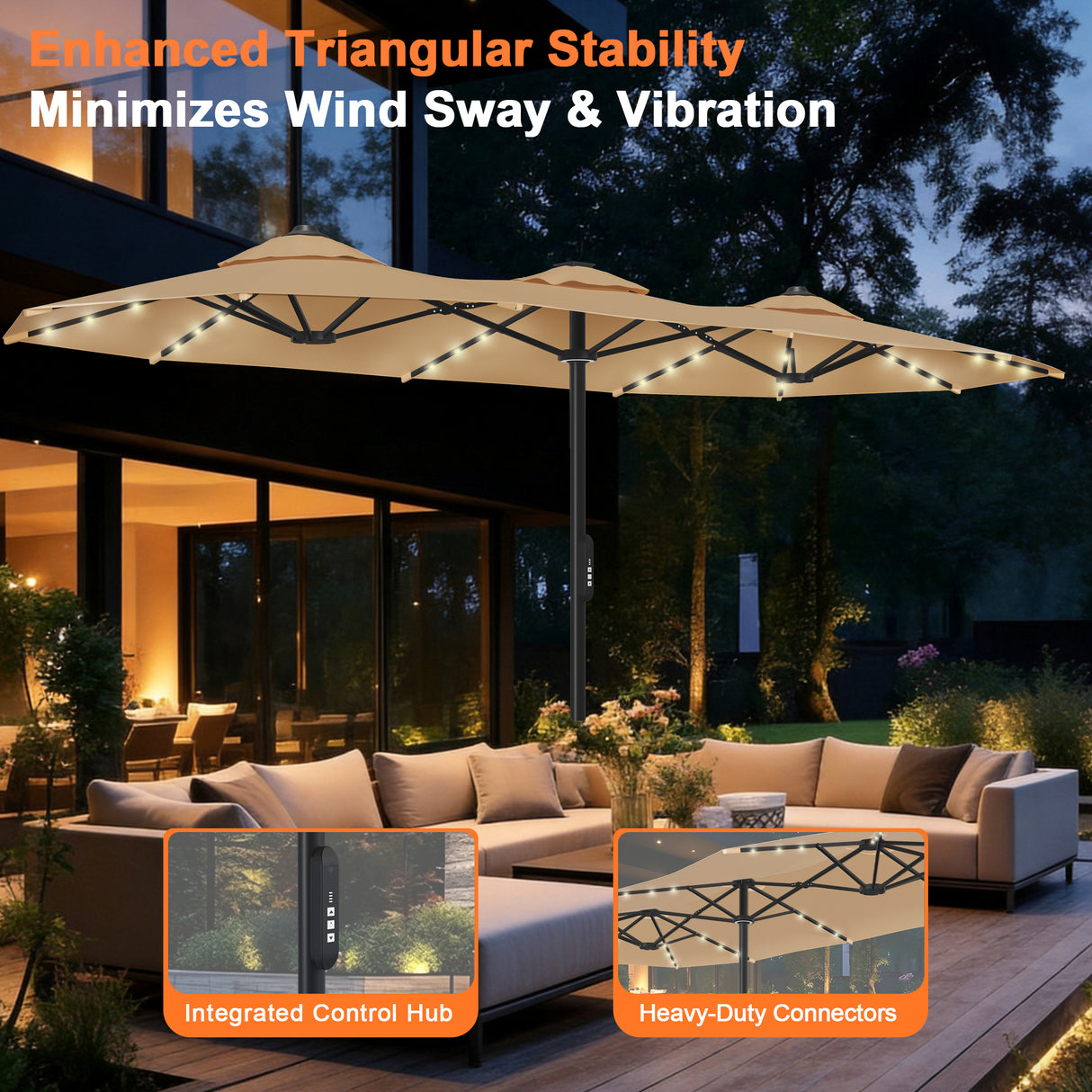 Patioslife Aegis Premium Motorized Double-Sided Patio Umbrella — Remote Control, UPF 50+, Solar LED & Windproof Frame
