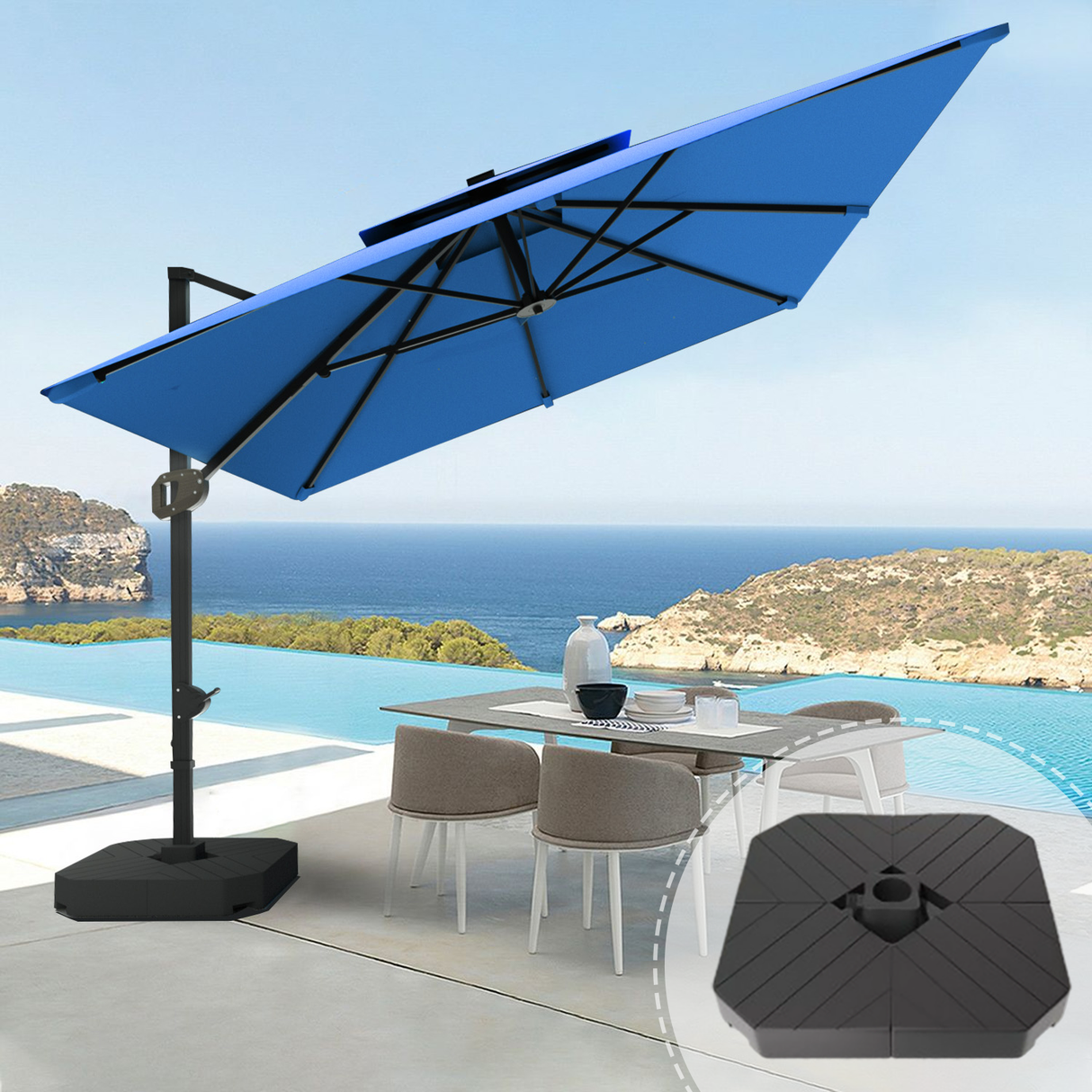 Patioslife Aegis Pro™ Cantilever Umbrella with Base & Protective Cover — Fibreglass Ribs & Powder-Coated Aluminium Pole for Garden & Patio