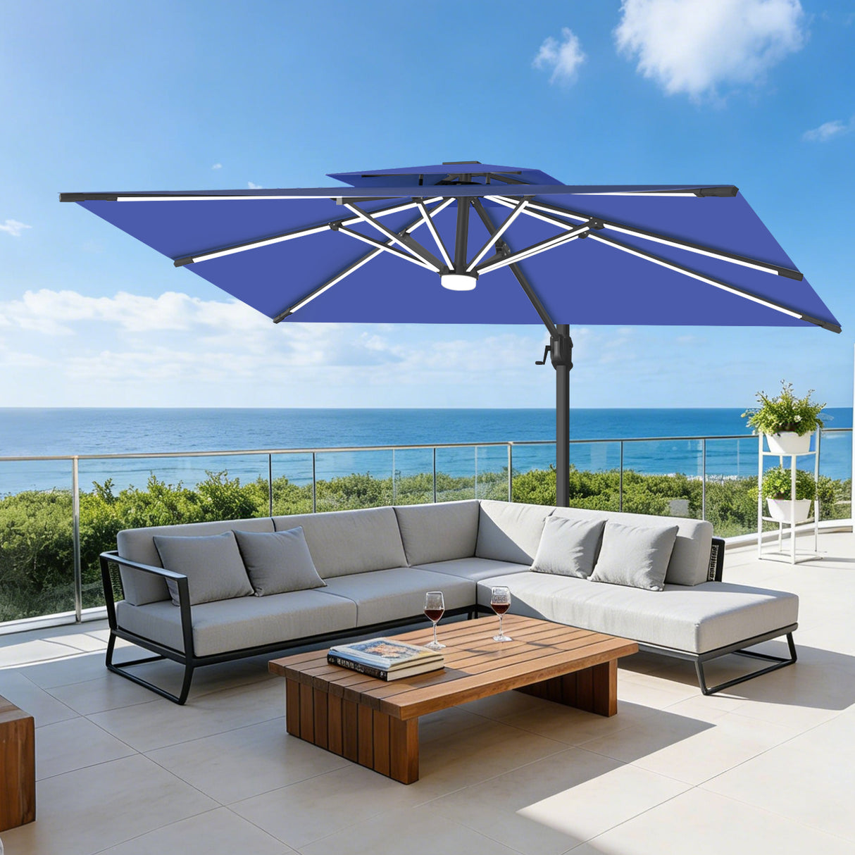 Patioslife Aegis Premium Cantilever Umbrella with Full-Rib LED Strip Lighting, Fibreglass Ribs and Powder-Coated Aluminium Pole for Luxury Garden & Patio Shade