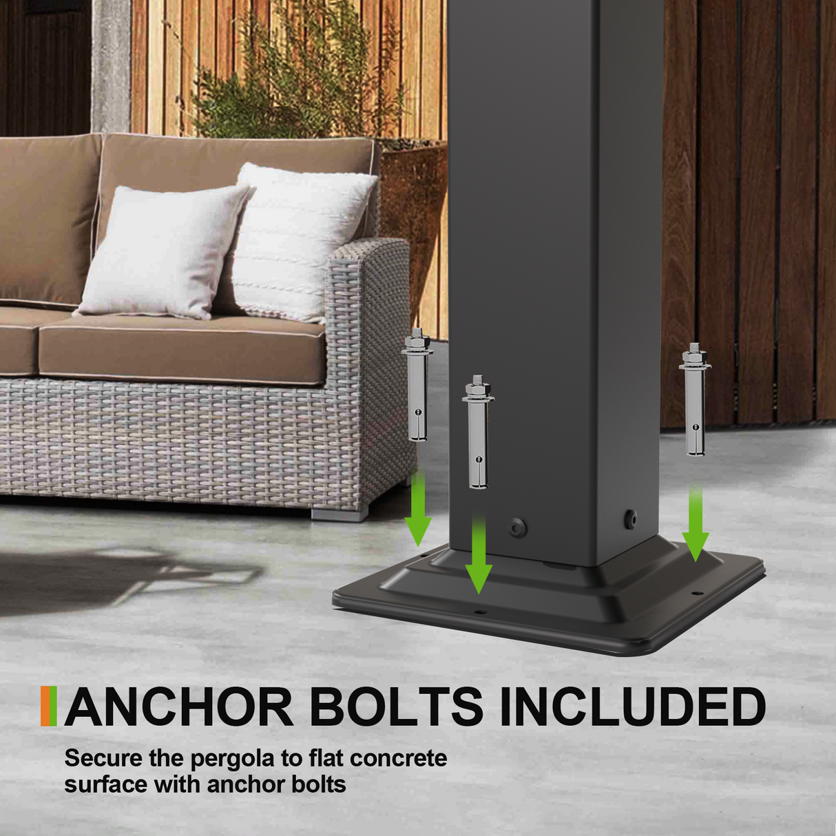 Patioslife Atlantic pergola base plate with included anchor bolts for secure installation on a flat concrete patio