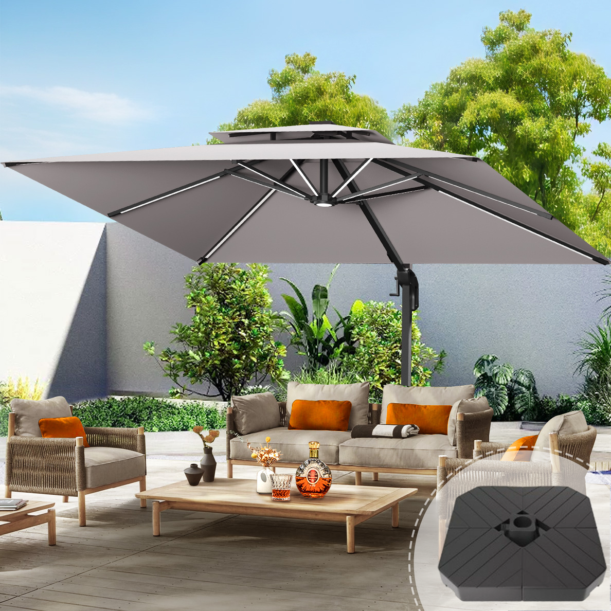 Patioslife Aegis Premium Cantilever Umbrella with LED Strip Lights, Fibreglass Ribs, Powder-Coated Aluminium Pole & Protective Cover — Luxury Garden & Patio Shade