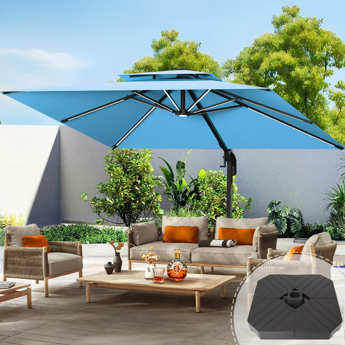 Patioslife Aegis Premium Cantilever Umbrella with LED Strip Lights, Fibreglass Ribs, Powder-Coated Aluminium Pole & Protective Cover — Luxury Garden & Patio Shade