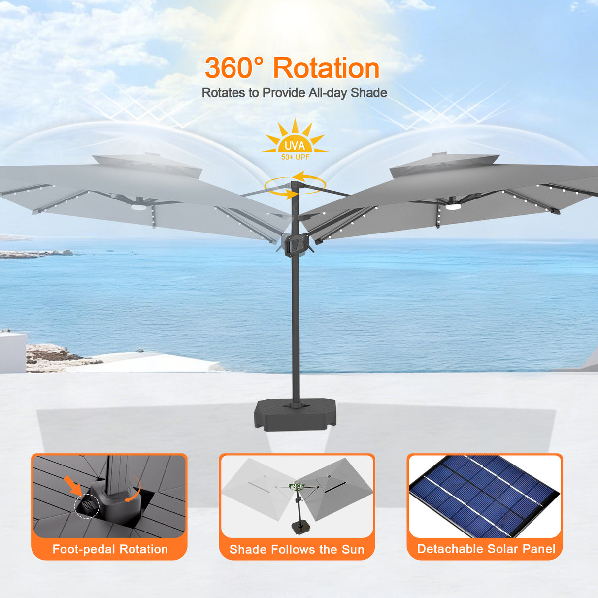 Patioslife Aegis Pro Cantilever Umbrella with LED Lights, Reinforced & Powder-Coated Aluminium Ribs and Pole — Perfect for Garden & Patio