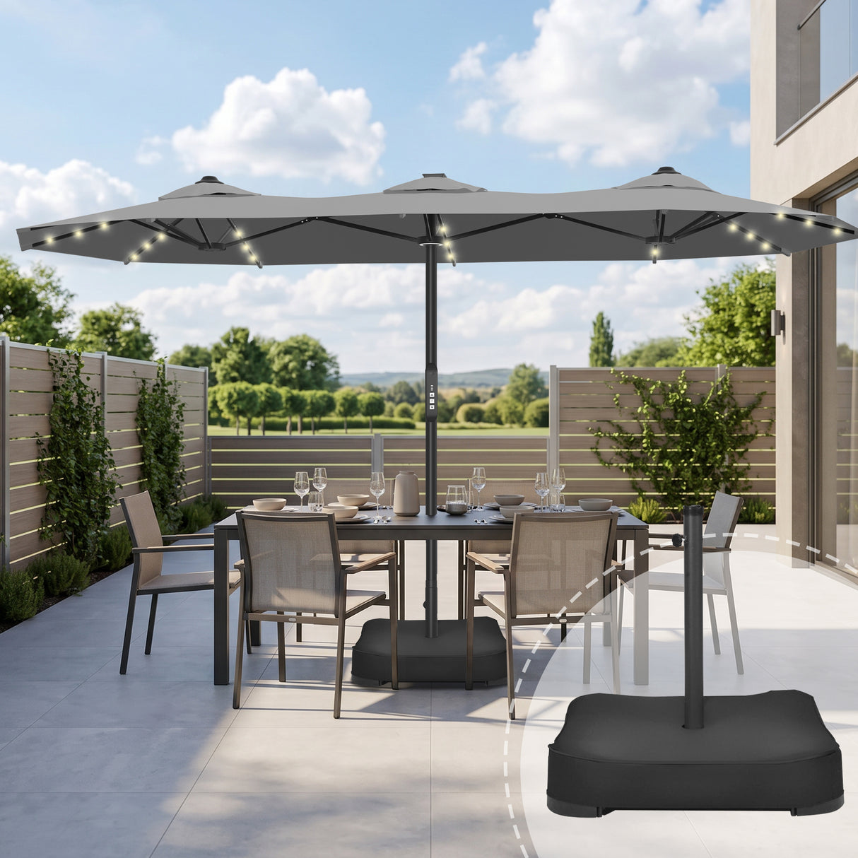 Patioslife Aegis 9x15ft Motorized Cantilever Patio Umbrella — Double-Sided, Remote Control, UPF 50+, Solar LED Lights & Windproof Frame
