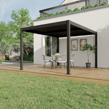 Patioslife Atlantic contemporary aluminium louvered pergola covering an outdoor dining set on a backyard deck beside a modern house and lawn