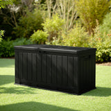 Patioslife Outdoor Resin Deck Box closed on a sunny backyard lawn for UV resistant patio furniture and garden storage