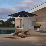Patioslife 8ft black patio umbrella with LED lights beside pool loungers on a modern evening patio
