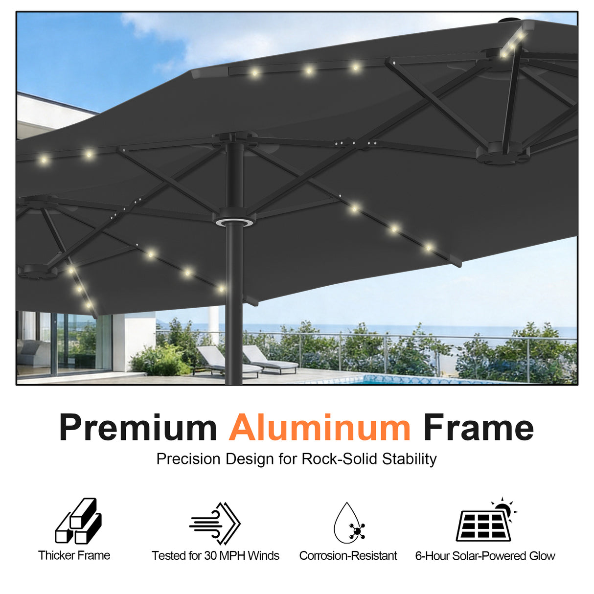 Patioslife Aegis 9x15ft Motorized Cantilever Patio Umbrella — Double-Sided, Remote Control, UPF 50+, Solar LED Lights & Windproof Frame