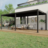 Patioslife Atlantic charcoal aluminium pergola covering a modern backyard deck with sofa, dining set and garden lawn
