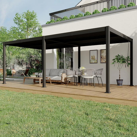 Patioslife Atlantic charcoal aluminium pergola covering a modern backyard deck with sofa, dining set and garden lawn