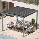 Patioslife Atlantic charcoal aluminum louvered pergola with adjustable slat roof, shading an outdoor lounge set on a tiled patio beside a pool and modern house