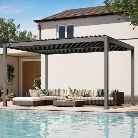 Patioslife Atlantic charcoal aluminum louvered pergola with adjustable roof beside a backyard pool, covering an outdoor sectional sofa on a modern patio