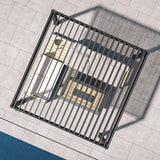 Top view of Patioslife Atlantic charcoal aluminum louvered pergola with adjustable slat roof over an outdoor lounge set on a stone patio beside the pool