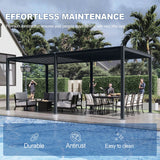 Patioslife Atlantic charcoal louvered pergola over poolside lounge and dining area with palm trees and easy-clean finish