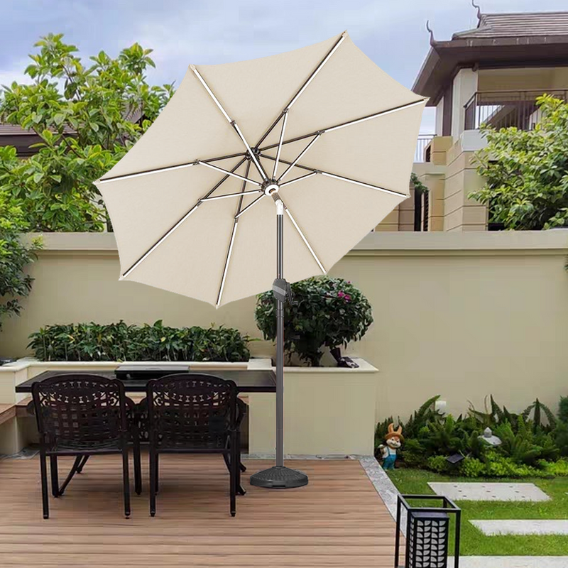 Patioslife 8ft cream patio umbrella over a small garden seating area with greenery and wooden decking