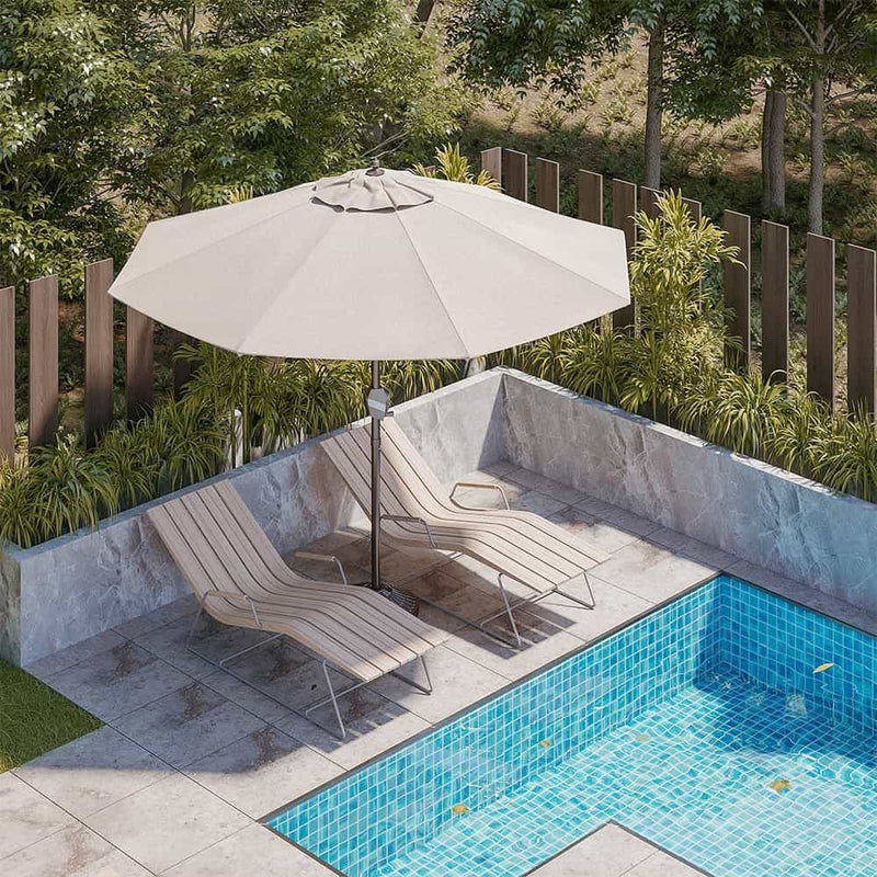 Patioslife 8ft cream patio umbrella over poolside lounge chairs in a private garden patio setting