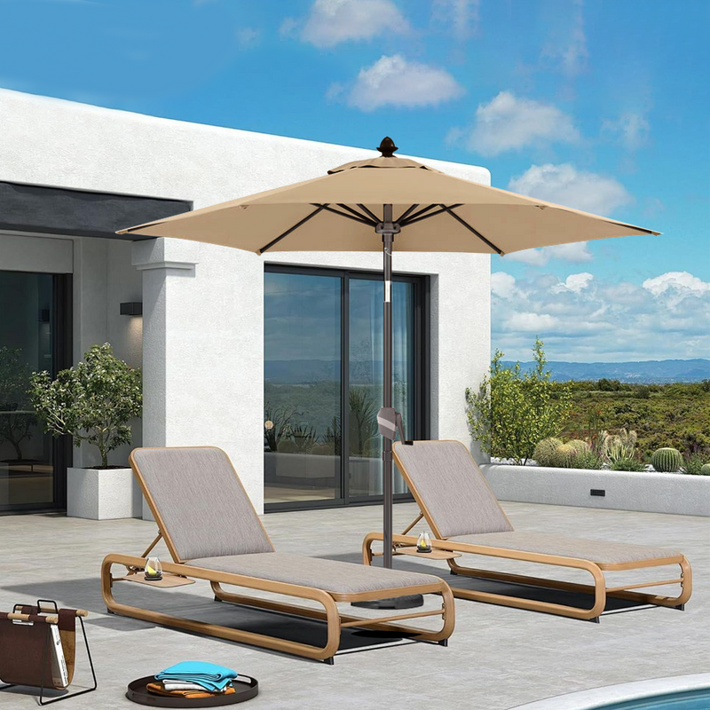 Patioslife 8ft cream patio umbrella over two loungers on a modern patio beside a white house and pool