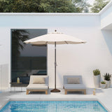 Patioslife 8ft cream patio umbrella beside a modern white pool patio with lounge chairs and potted plants