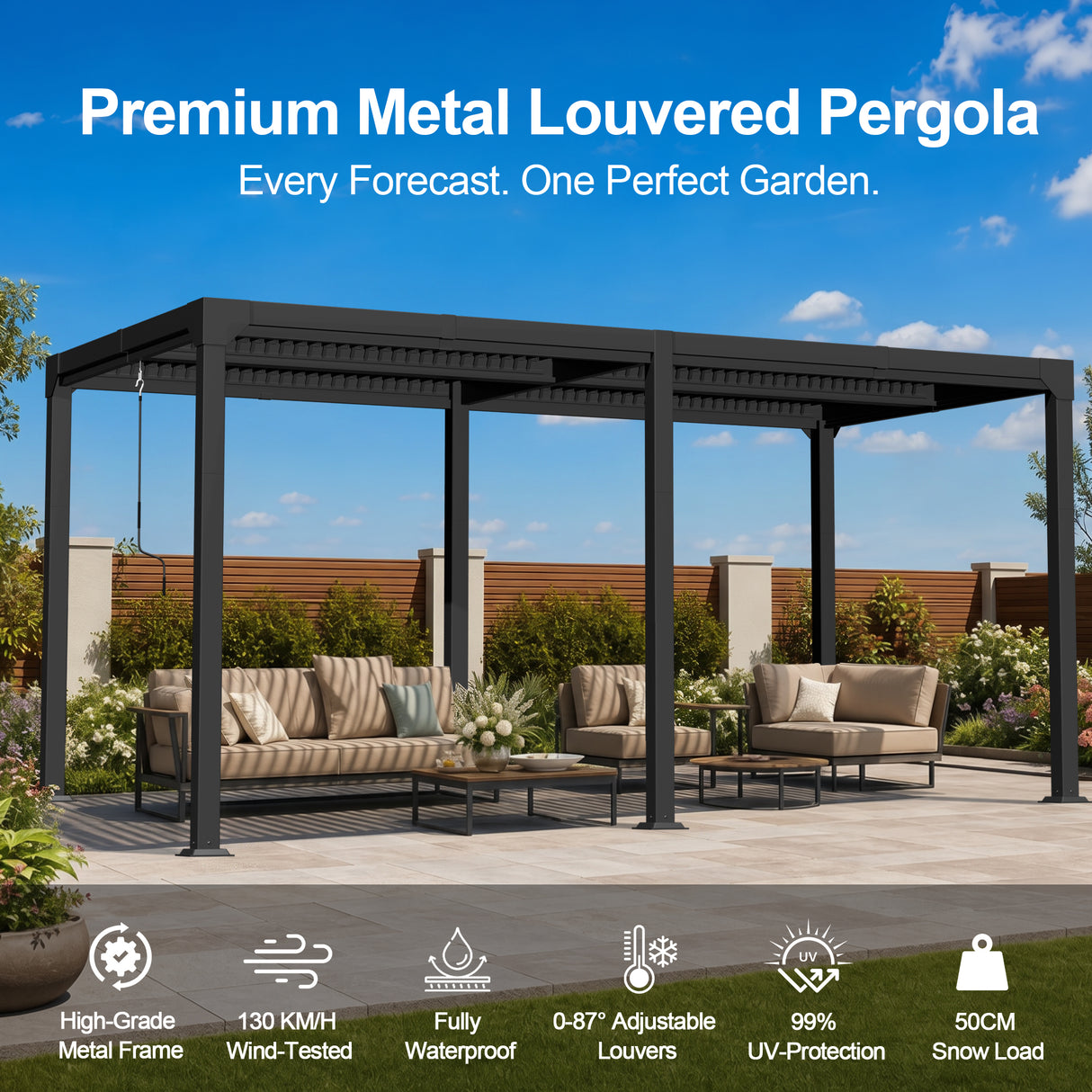 Patioslife Atlantic Premium Louvered Pergola with Adjustable Roof Panels, Integrated Gutter System & Freestanding All-Weather Outdoor Shelter for Patio, Deck & Poolside