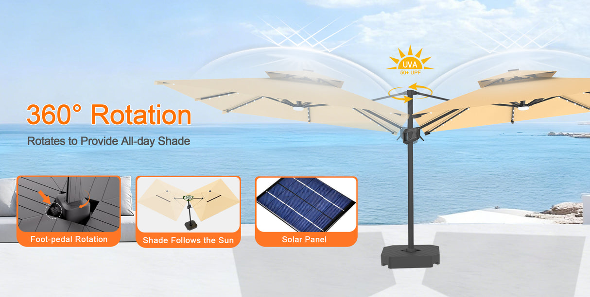 Patioslife Aegis Pro Cantilever Umbrella with LED Lights, Reinforced & Powder-Coated Aluminium Ribs and Pole — Perfect for Garden & Patio