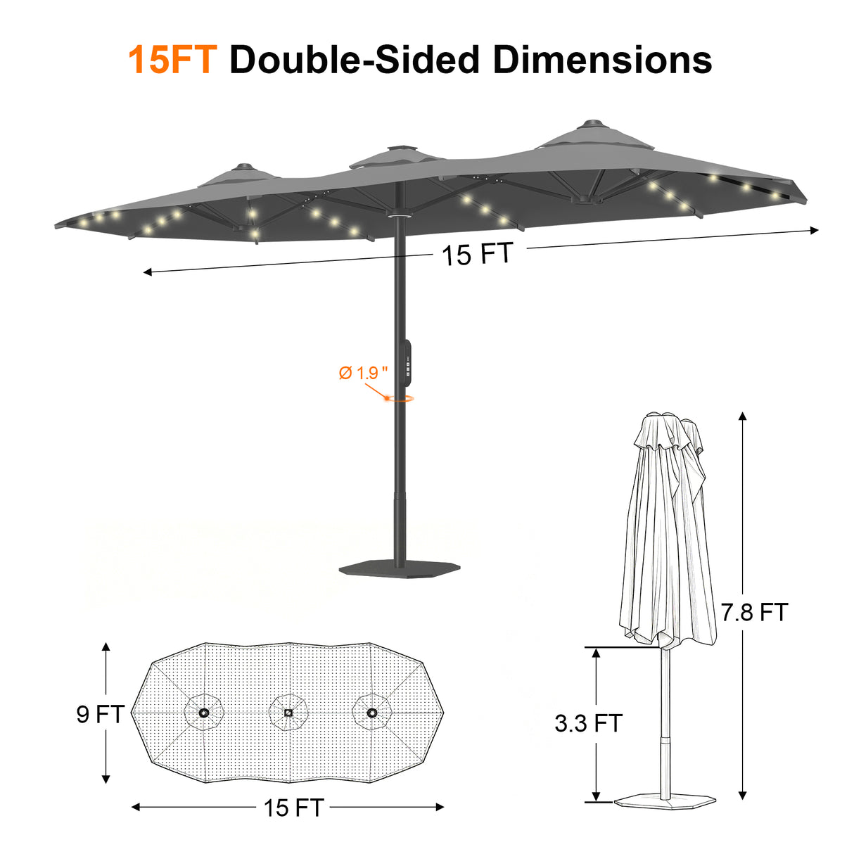 Patioslife Aegis 9x15ft Motorized Cantilever Patio Umbrella — Double-Sided, Remote Control, UPF 50+, Solar LED Lights & Windproof Frame