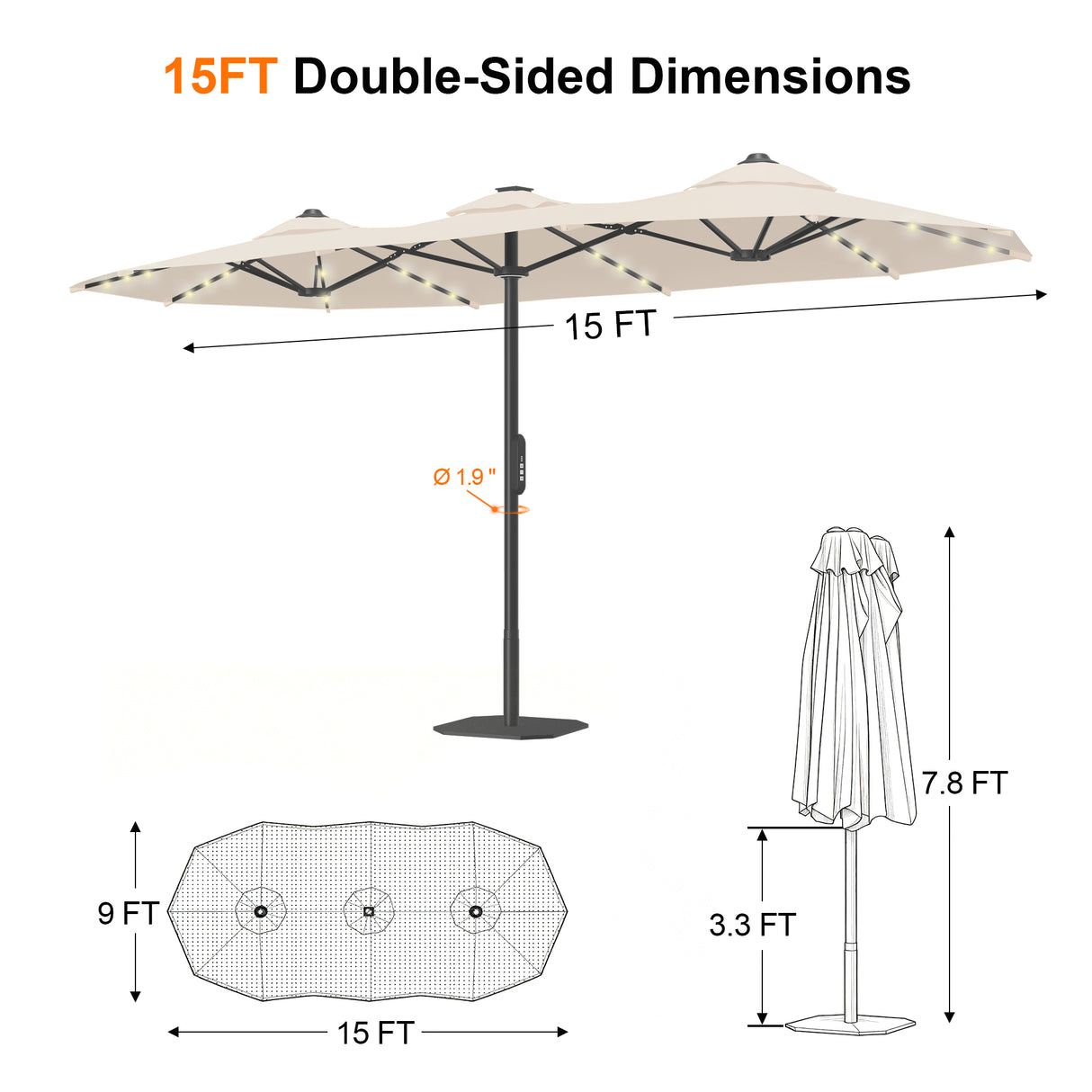 Patioslife Aegis 9x15ft Motorized Cantilever Patio Umbrella — Double-Sided, Remote Control, UPF 50+, Solar LED Lights & Windproof Frame