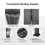 Patioslife Haven functional hardtop gazebo detail collage showing double slide track, zipper door, velcro strap, extra hook and pre-drilled stand holes