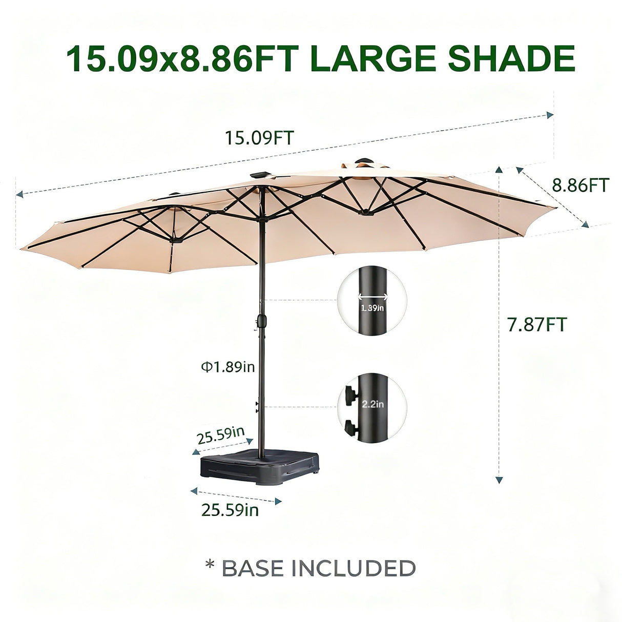 Patioslife Horizon 15 x 9 ft double-sided patio umbrella dimension guide with base, canopy width and overall height details