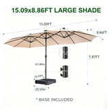 Patioslife Horizon 15 x 9 ft double-sided patio umbrella dimension guide with base, canopy width and overall height details