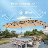 Patioslife Horizon 15 x 9 ft double-sided patio umbrella providing UV-resistant shade over an outdoor dining table in a garden setting