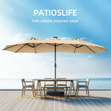 Patioslife Horizon 15 x 9 ft double-sided patio umbrella with base, creating wide shade over an outdoor dining set by the water
