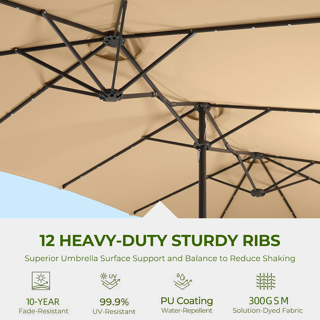 Underside view of Patioslife Horizon double-sided patio umbrella with sturdy ribs, LED light strips and durable canopy fabric