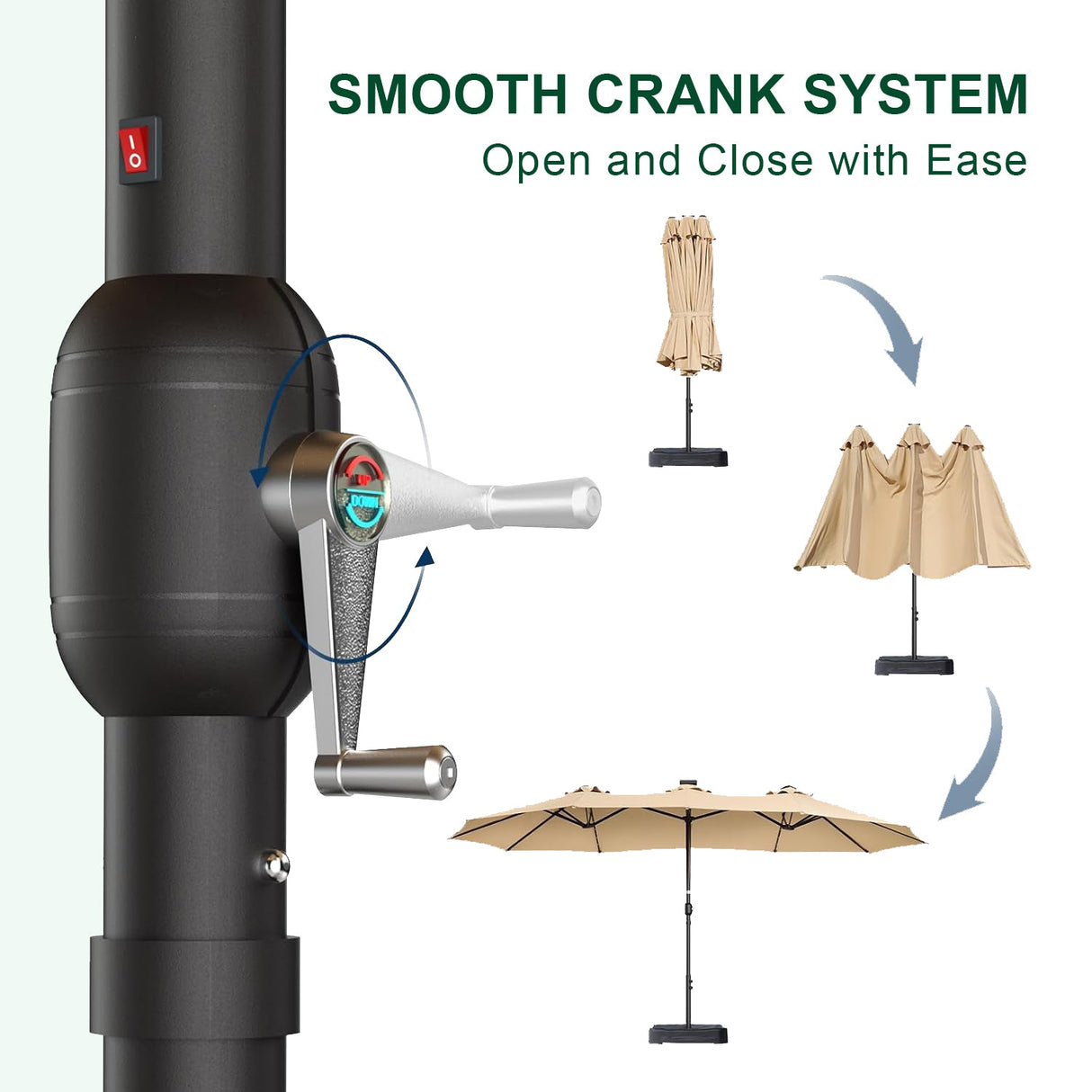 Close-up of Patioslife Horizon double-sided patio umbrella crank handle for smooth opening and closing operation