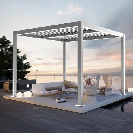 Aluminium Louvered Pergola,patioslife,Poolside,Outdoor Leisure Area,Outdoor Kitchen or Dining Area,Garden Pathway,Rooftop Terrace,Sun Shading & Light Contro,Space Definition,white