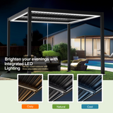 Patioslife Atlantic louvered pergola with integrated LED lighting for evening patio seating beside a modern pool
