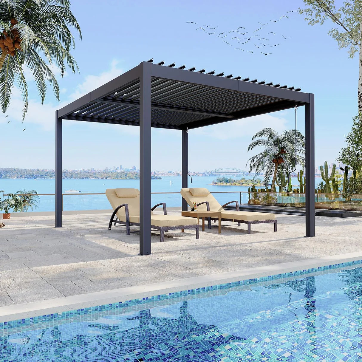 Patioslife Atlantic 10×20ft charcoal aluminium louvered pergola with open roof on a poolside terrace overlooking the water