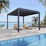 Patioslife Atlantic 10×20ft charcoal aluminium louvered pergola with open roof on a poolside terrace overlooking the water