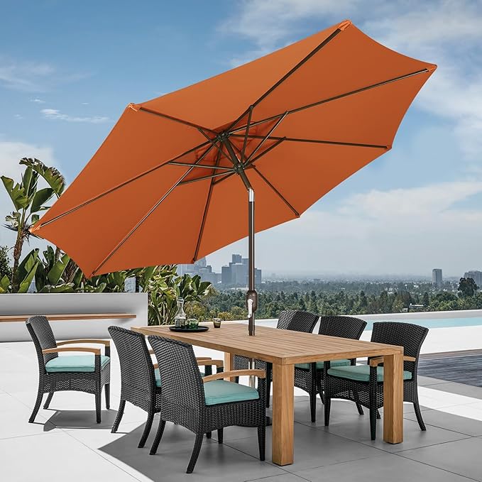 Patioslife Outdoor Market Breeze orange patio umbrella with 8 sturdy ribs, push button tilt and crank for outdoor dining shade