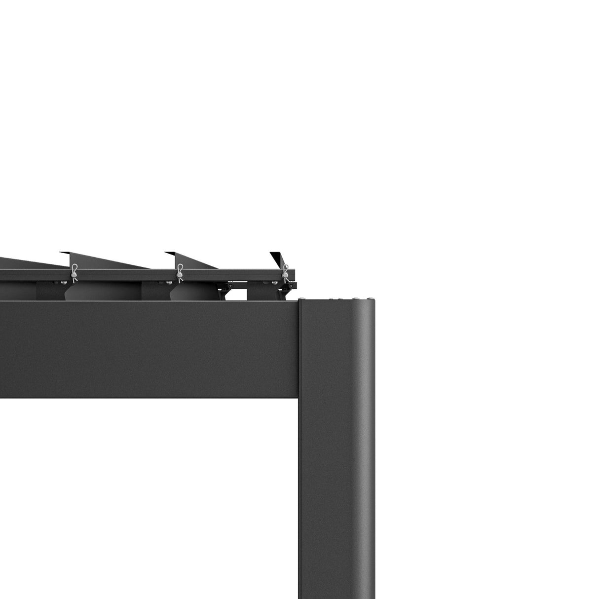Patioslife Atlantic aluminium pergola corner close-up showing adjustable louvers, side beam and powder-coated post connection
