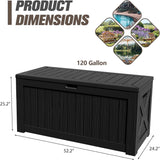 Dimension chart of Patioslife outdoor resin deck box in black, showing 120 gallon storage capacity and overall dimensions for weatherproof patio and garden storage