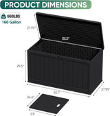 Dimension chart of Patioslife outdoor resin deck box in black, showing 160 gallon storage capacity, 660 lb roof weight capacity, and spacious interior with divider panel