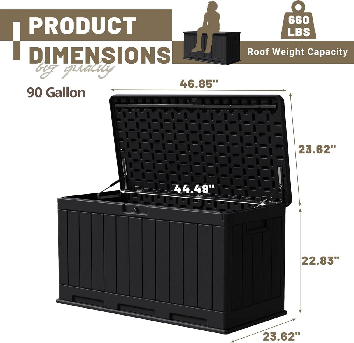 Dimension chart of Patioslife outdoor resin deck box in black, showing 90 gallon storage capacity, 660 lb roof weight capacity, and open box design with overall dimensions