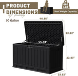 Dimension chart of Patioslife outdoor resin deck box in black, showing 90 gallon storage capacity, 660 lb roof weight capacity, and open box design with overall dimensions