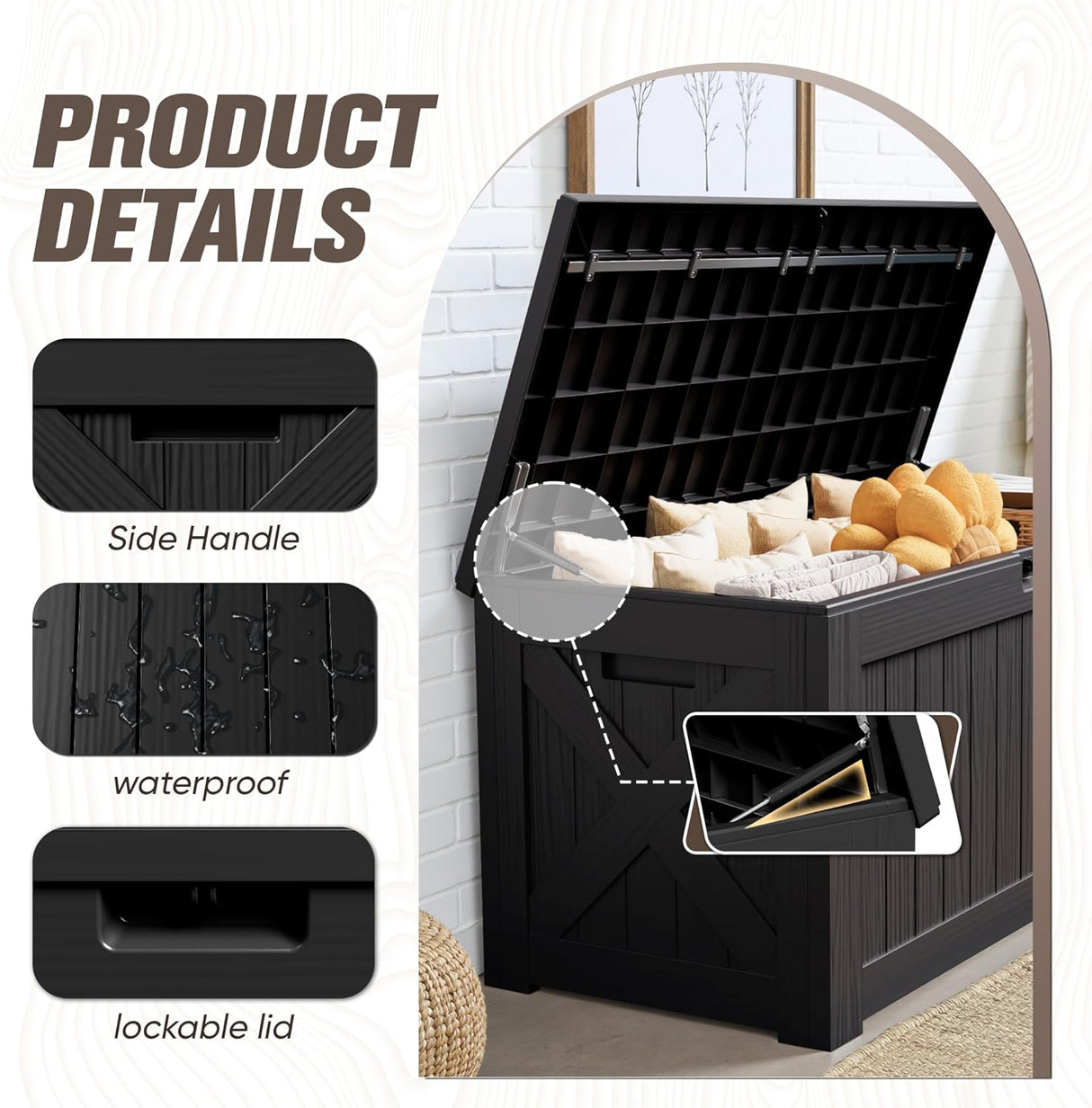 Patioslife outdoor resin deck box product details showing side handle, waterproof surface, lockable lid, and supported opening hinge for convenient storage access