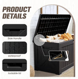 Patioslife outdoor resin deck box product details showing side handle, waterproof surface, lockable lid, and supported opening hinge for convenient storage access